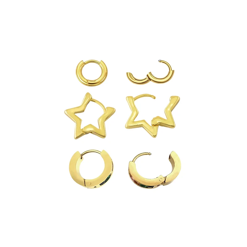 Multi-Pack Rainbow CZ Star Gold-Tone Huggie Hoop Earrings 3 Pair - 18 Gauge