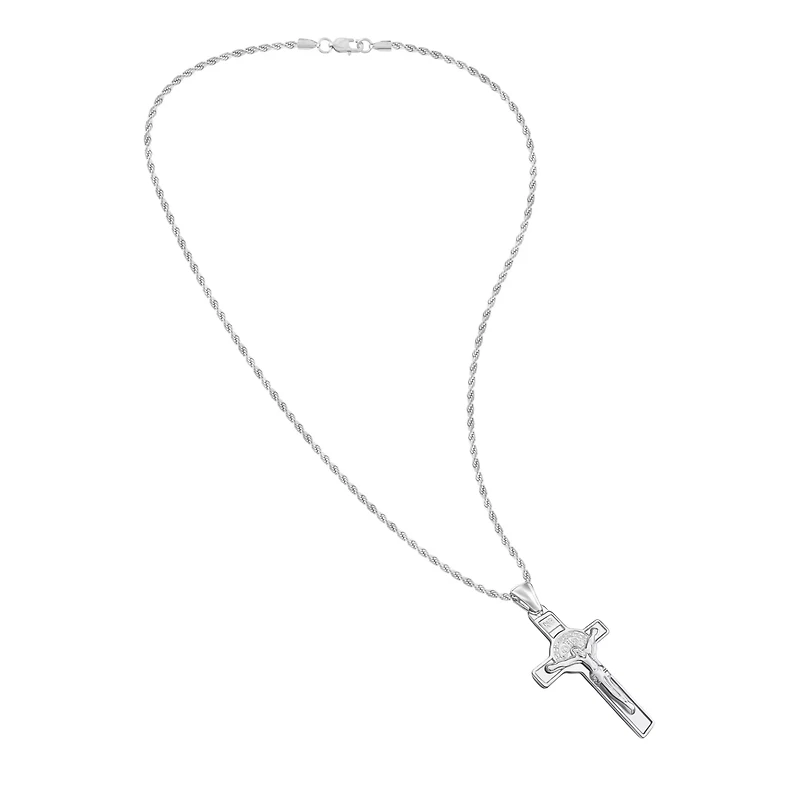 Silver-Tone Cross Pendant Rope Chain Necklace