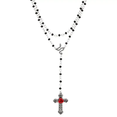 Black Snake Rosary Cross Layered Necklace Set