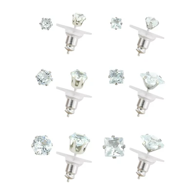 Multi-Pack Gold-Plated CZ Round and Square Stud Earrings 6 Pairs - 20 Gauge