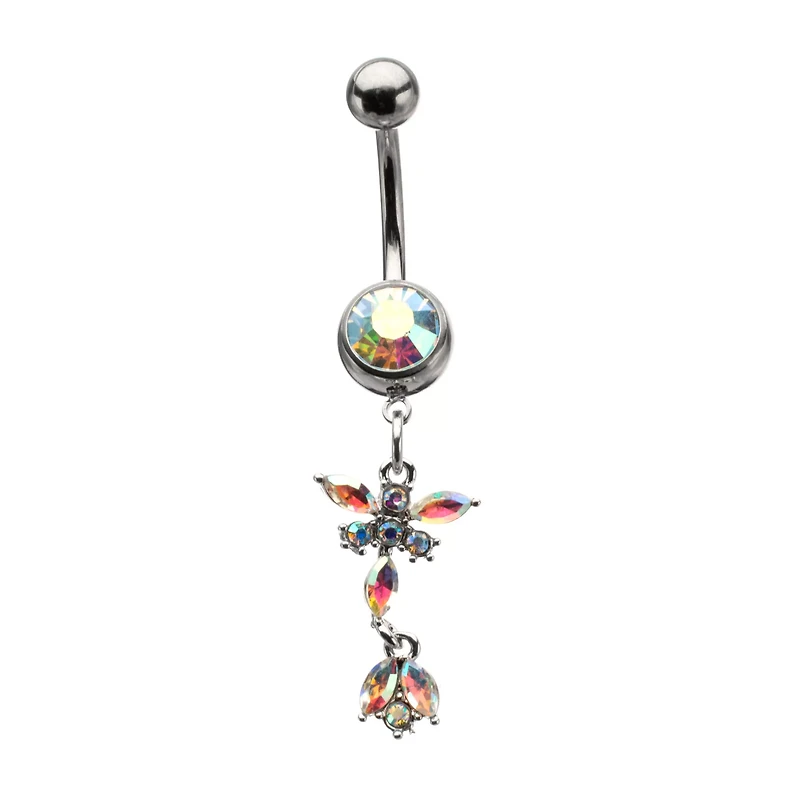 Silver-Tone Aurora Borealis Effect CZ Dangle Belly Ring - 14 Gauge