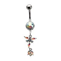 Silver-Tone Aurora Borealis Effect CZ Dangle Belly Ring - 14 Gauge