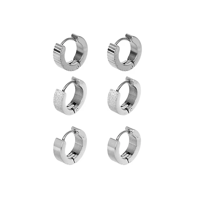 Multi-Pack Textured Silver-Tone Huggie Hoop Earrings 3 Pair - 18 Gauge