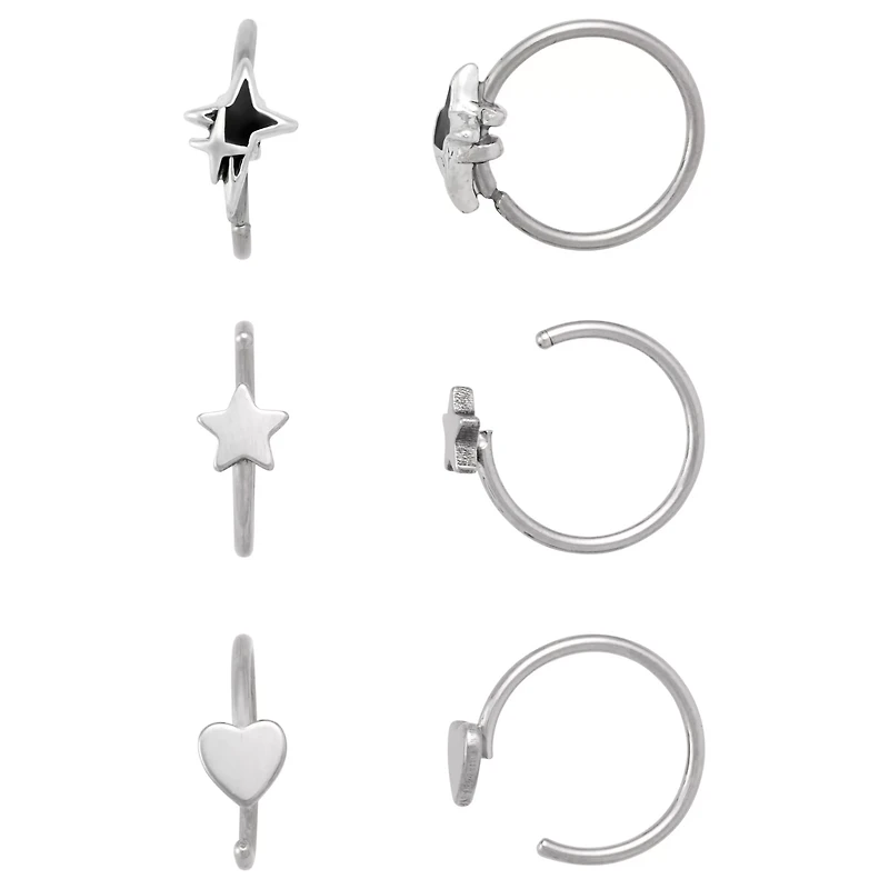 Multi-Pack Star Heart Silver-Tone Hoop Nose Rings 6 Pack - 20 Gauge