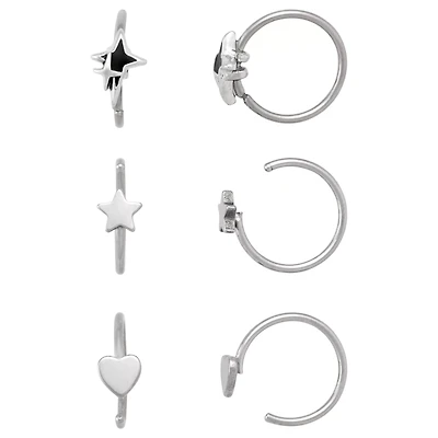 Multi-Pack Star Heart Silver-Tone Hoop Nose Rings 6 Pack - 20 Gauge