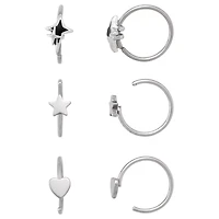 Multi-Pack Star Heart Silver-Tone Hoop Nose Rings 6 Pack - 20 Gauge