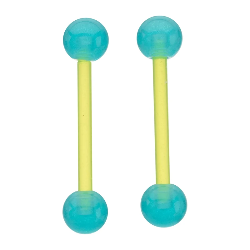 Glow in the Dark Green and Blue Bioflex Nipple Barbells - 14 Gauge