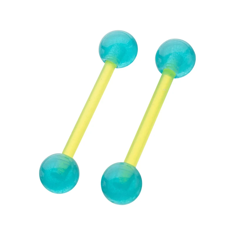 Glow in the Dark Green and Blue Bioflex Nipple Barbells - 14 Gauge