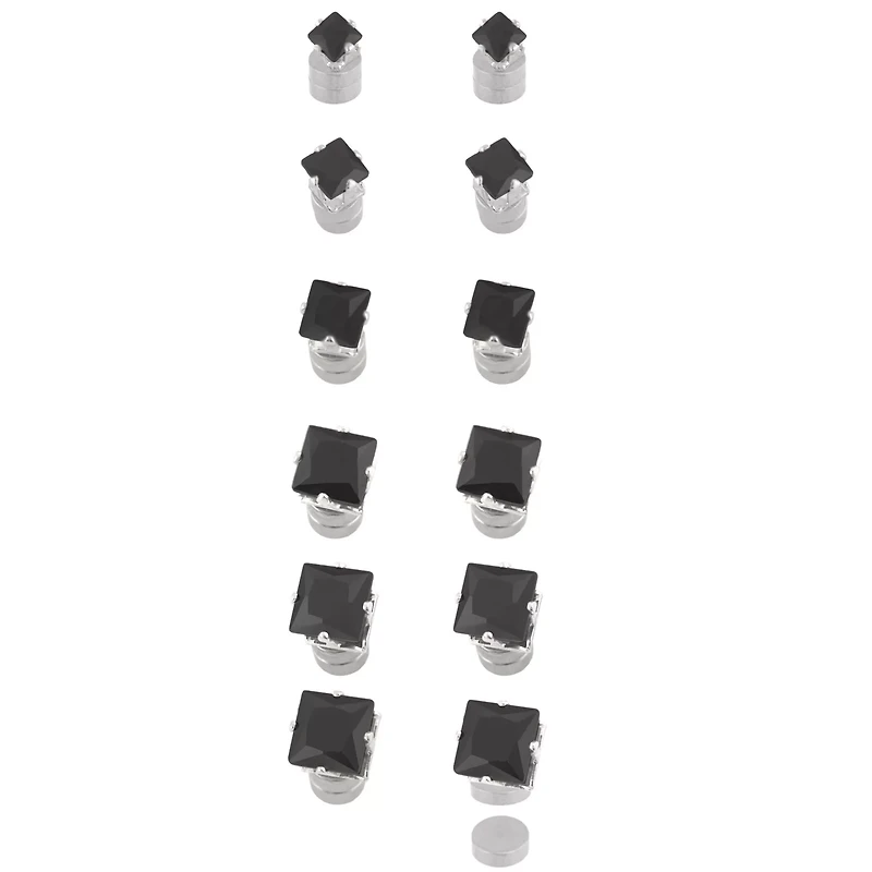 Multi-Pack Black CZ Square Silver-Tone Magnetic Fake Stud Earrings - 6 Pair