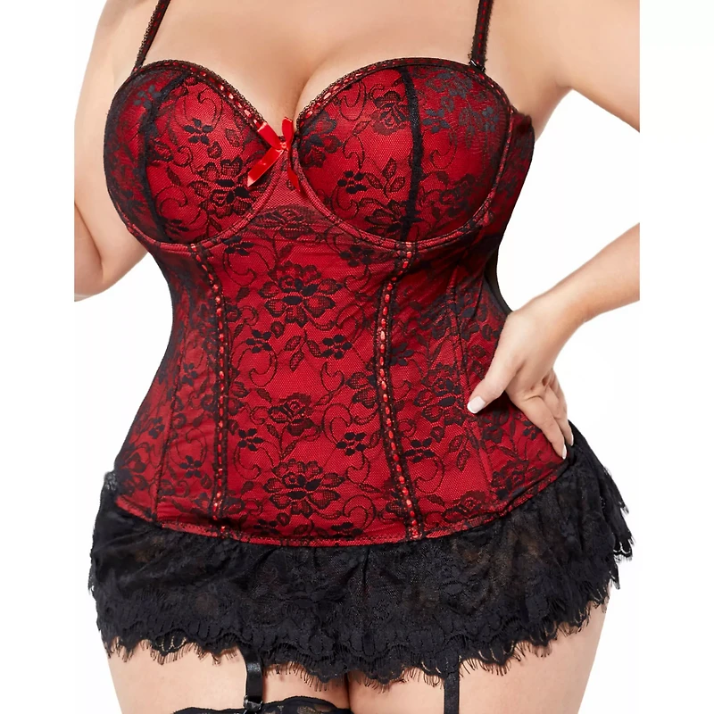 Plus Victorian Lace Bustier and Thong Panties Set - Red