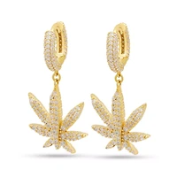 CZ Iced Weed Leaf Dangle Hoop Earrings