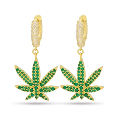 Green CZ Iced Weed Leaf Hoop Earrings