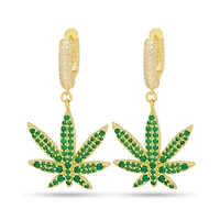 Green CZ Iced Weed Leaf Hoop Earrings