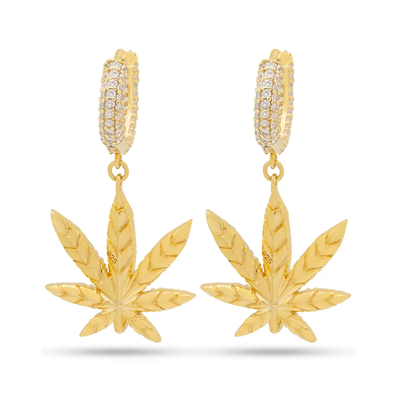 Green CZ Iced Weed Leaf Hoop Earrings