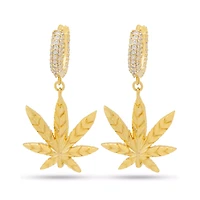 Green CZ Iced Weed Leaf Hoop Earrings