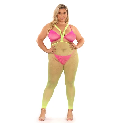 UV Reactive Plus Size Bralette G-String Panties and Stockings Set
