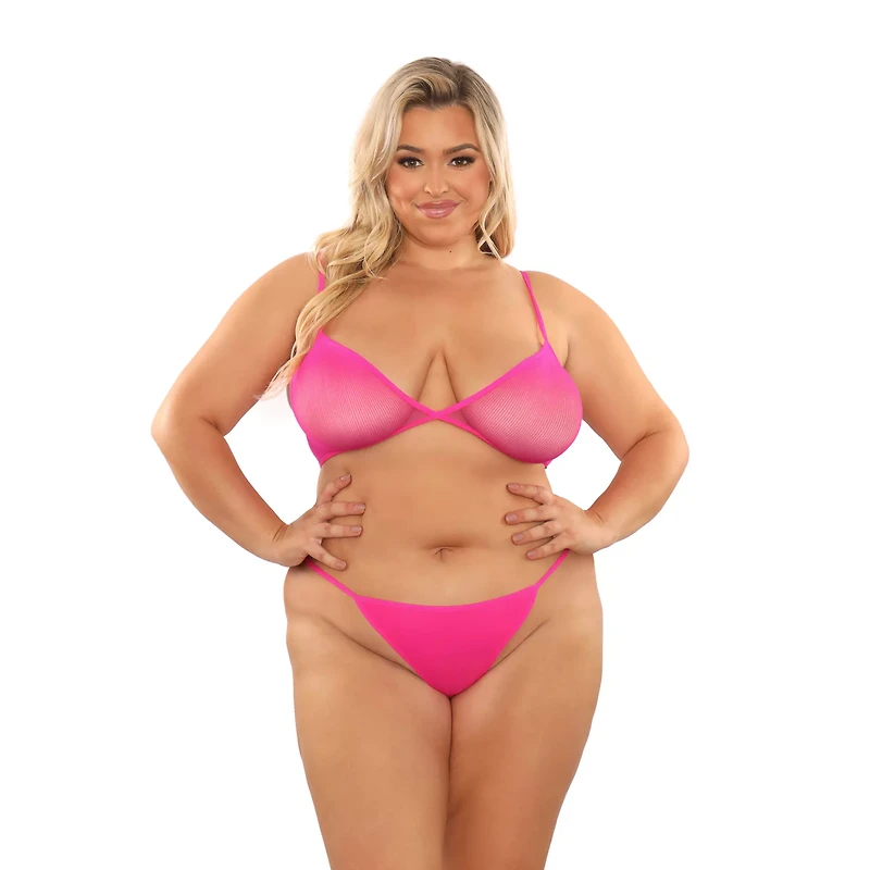 UV Reactive Plus Size Bralette G-String Panties and Stockings Set