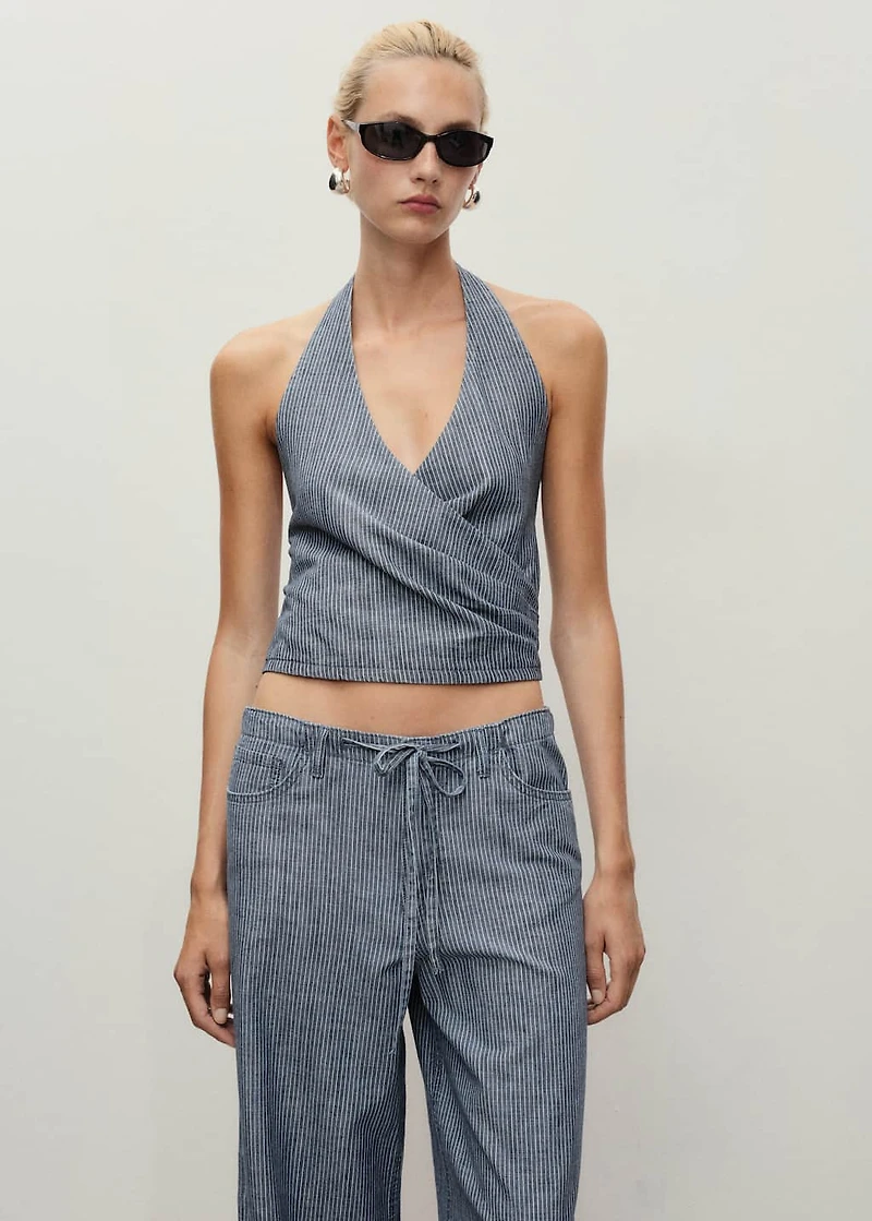 Striped crossover denim top