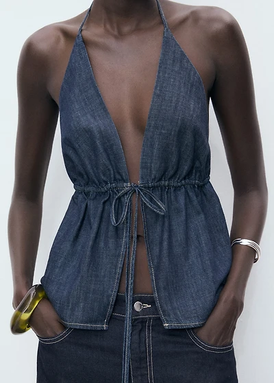 V-neck denim top with bow
