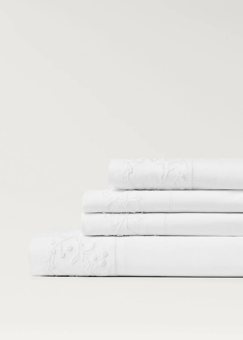Cotton percale top sheet with embroidered flowers for cm bed