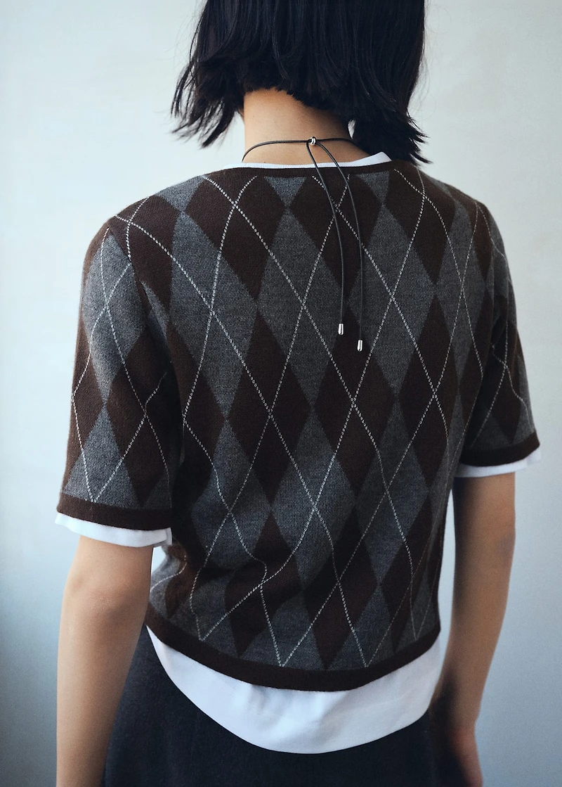 Short-sleeved argyle sweater