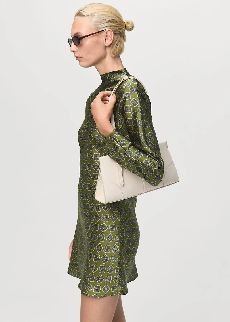 Satin printed dress with perkins collar