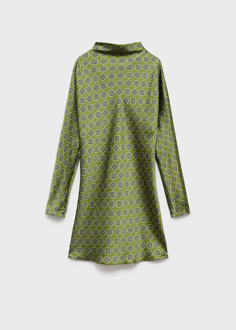 Satin printed dress with perkins collar