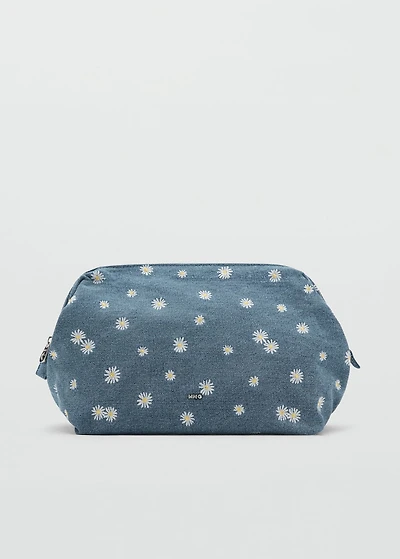 Denim toiletry bag embroidered with flowers