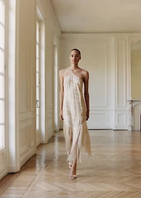 Floral-embroidered dress with fringe detail
