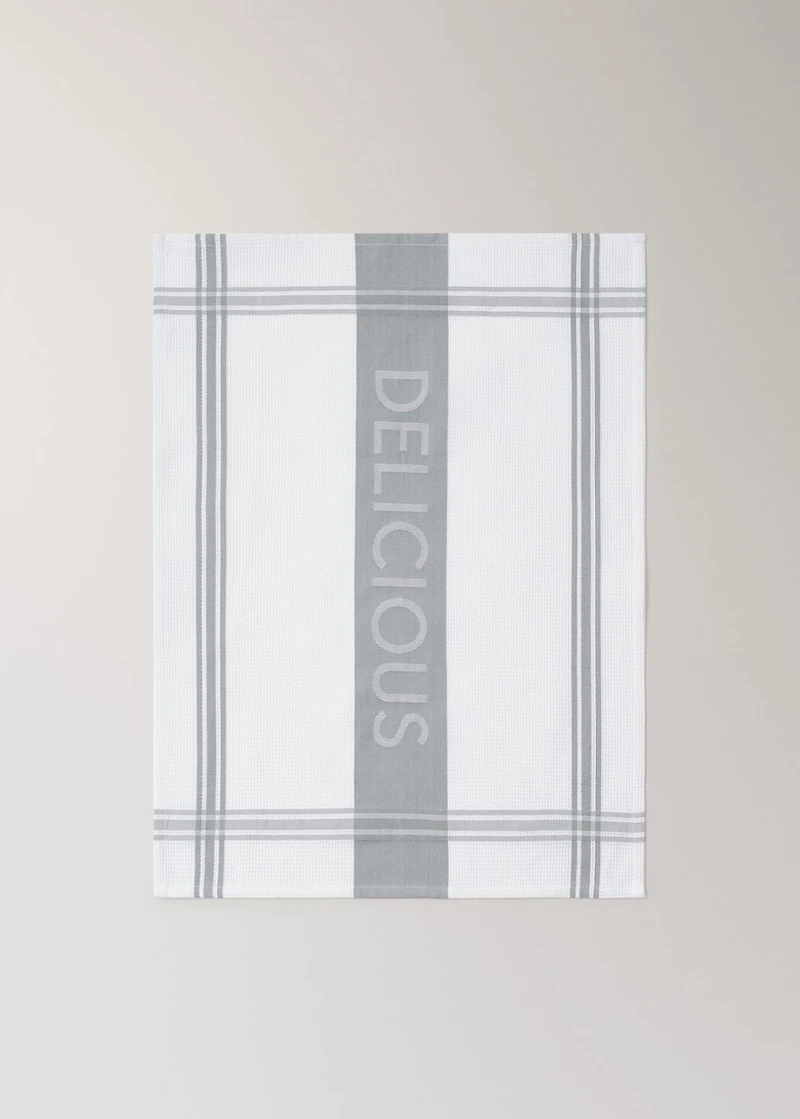 Two-tone cotton kitchen towels with the word 'delicious'