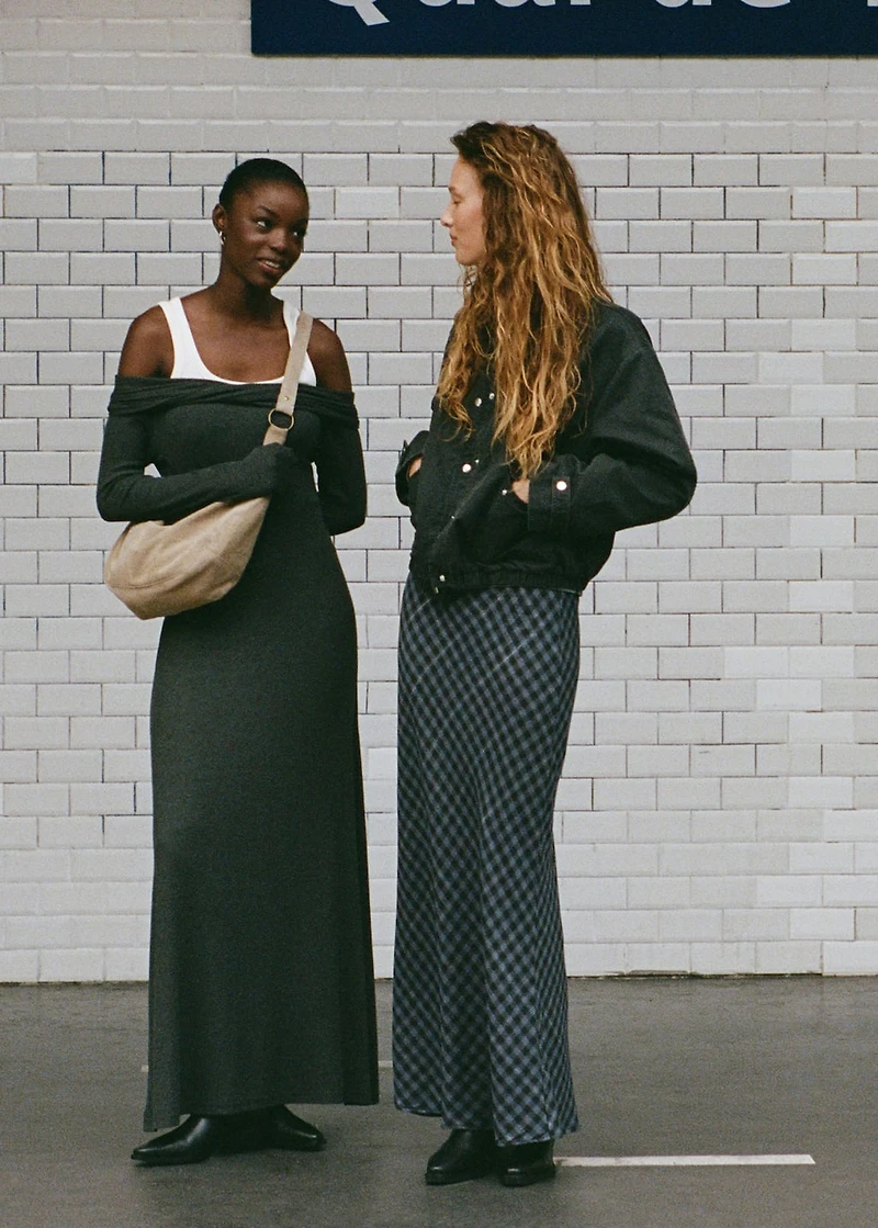 Checked long skirt