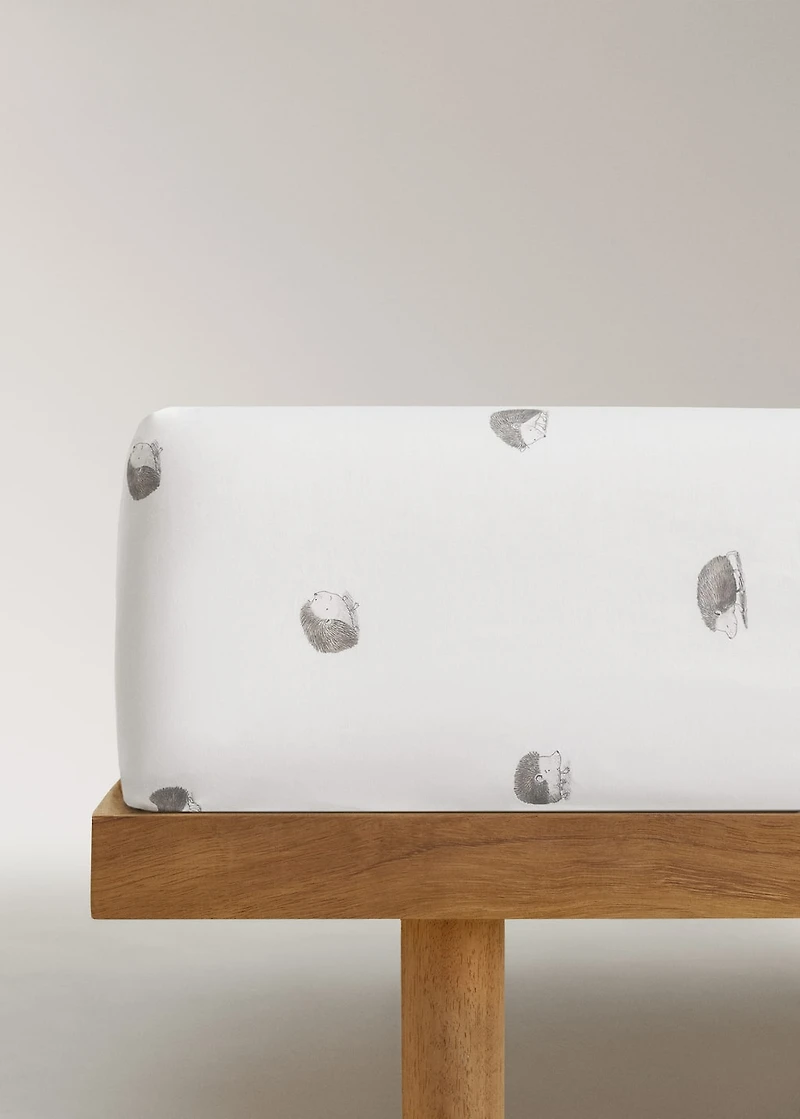 Children's percale cotton fitted sheet with hedgehog print for / cm bed