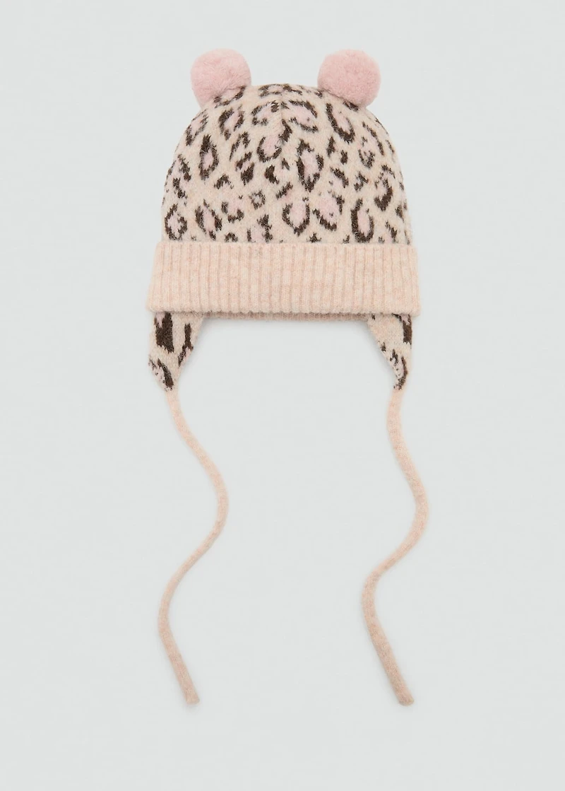 Leopard-print beanie with pom-poms