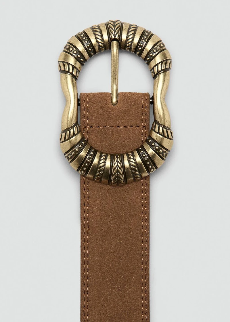 Suede leather belt with engraved buckle