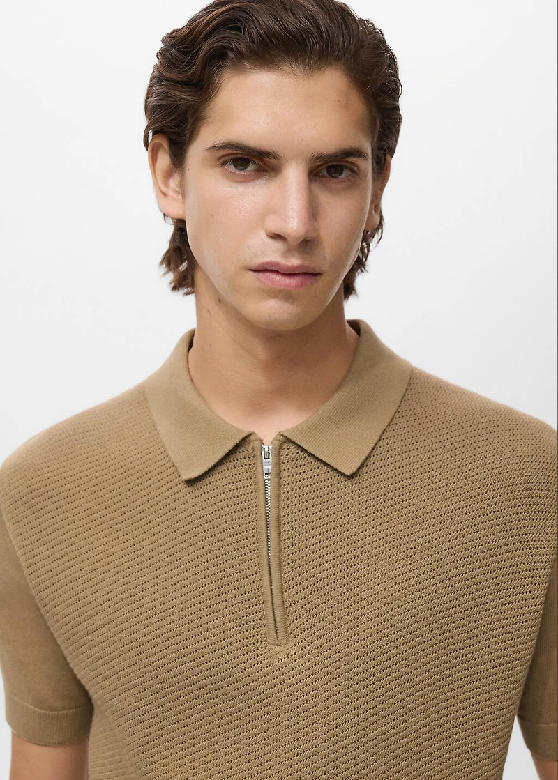 Knitted polo shirt with zipper and lace accents