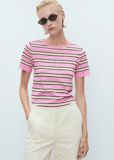 Short-sleeved sweater with combined stripes