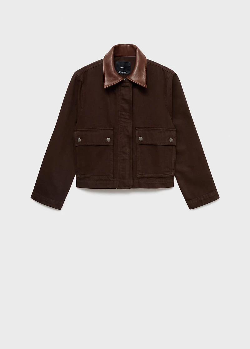 Denim parka with leather-effect collar