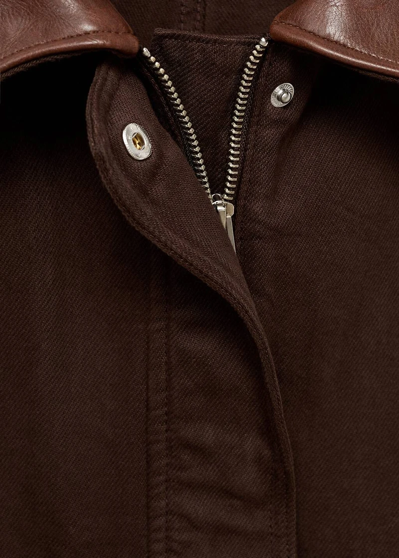 Denim parka with leather-effect collar