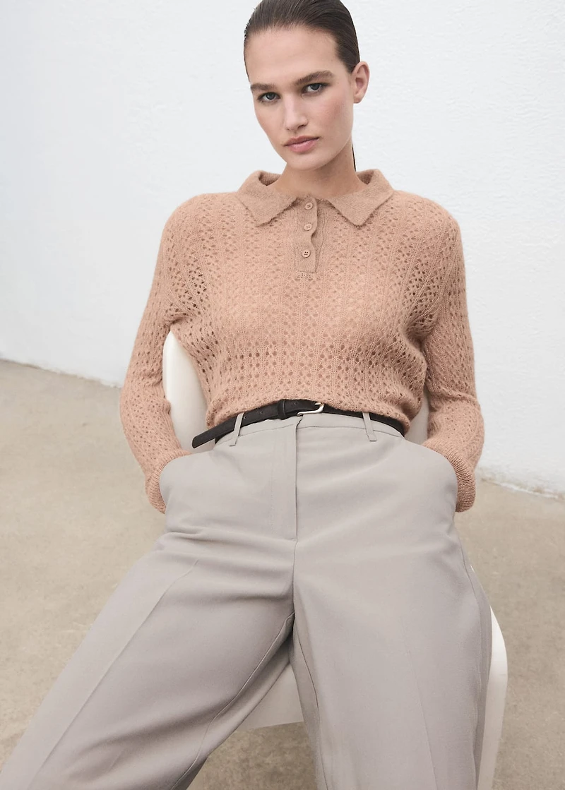 Openwork knitted polo-neck sweater