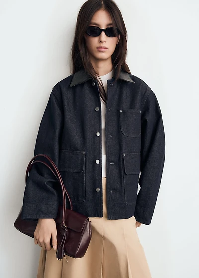 Denim jacket with leather-effect collar