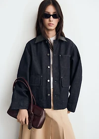 Denim jacket with leather-effect collar