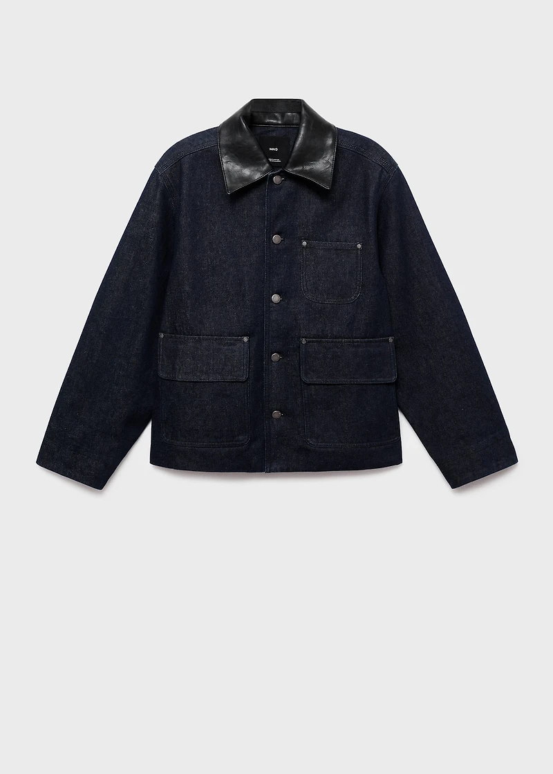 Denim jacket with leather-effect collar