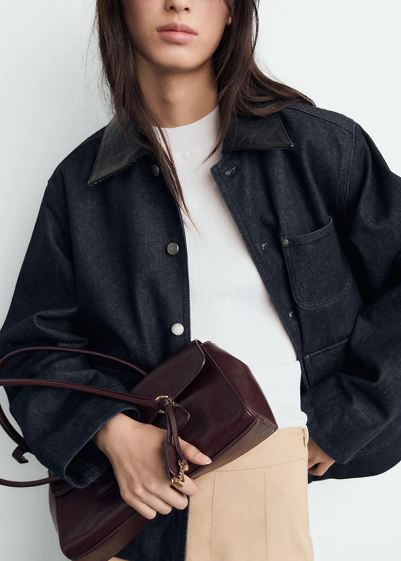 Denim jacket with leather-effect collar