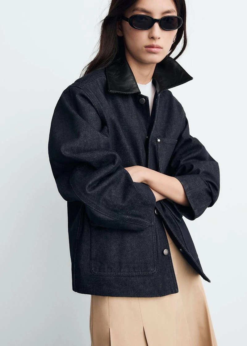 Denim jacket with leather-effect collar