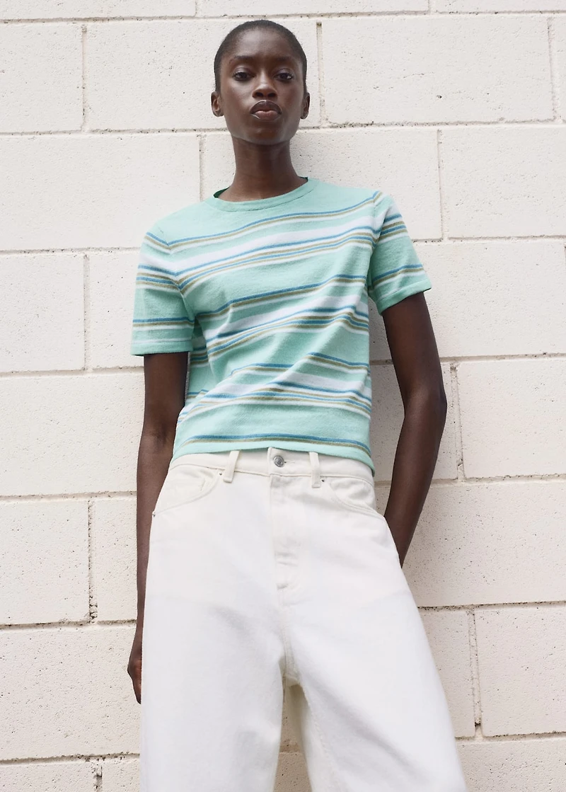 Short-sleeved sweater with combined stripes