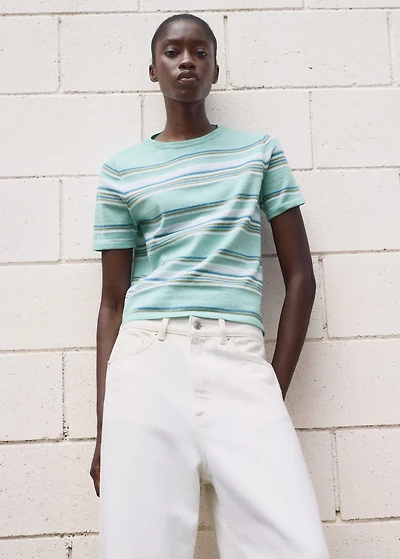 Short-sleeved sweater with combined stripes
