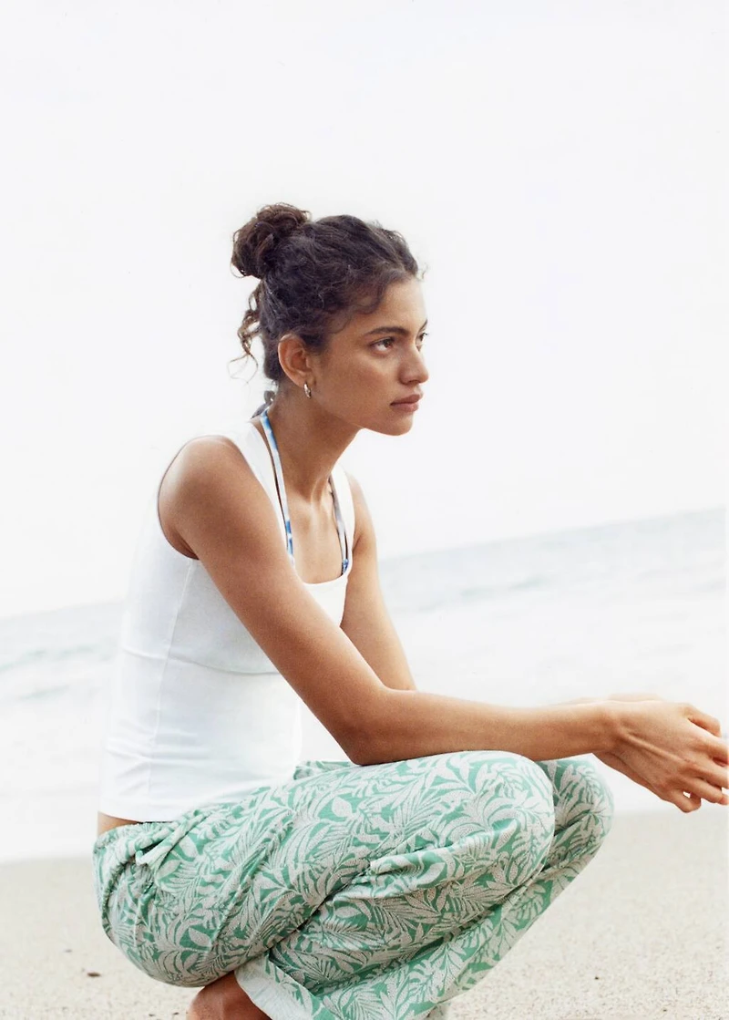 Cotton pants with leaf pattern