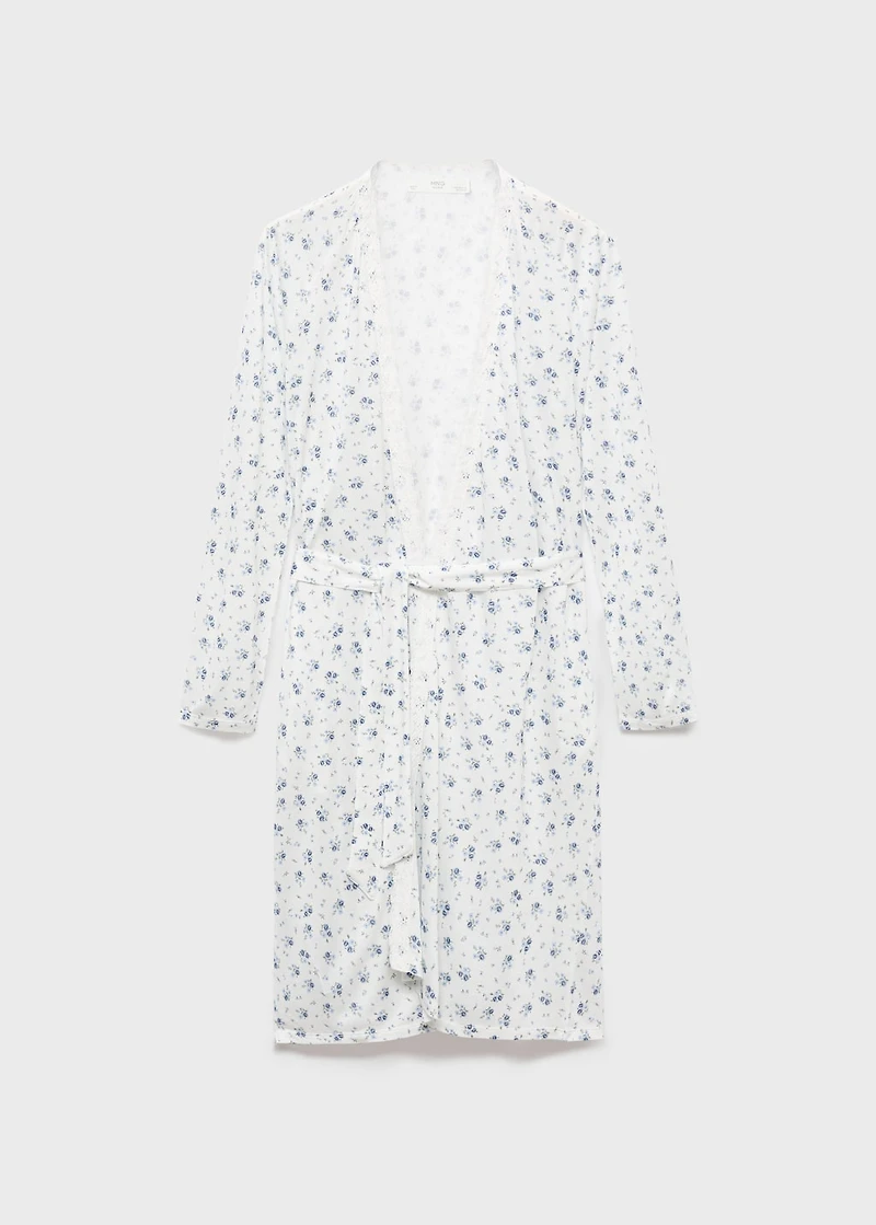 Floral-print dressing gown with lace trim