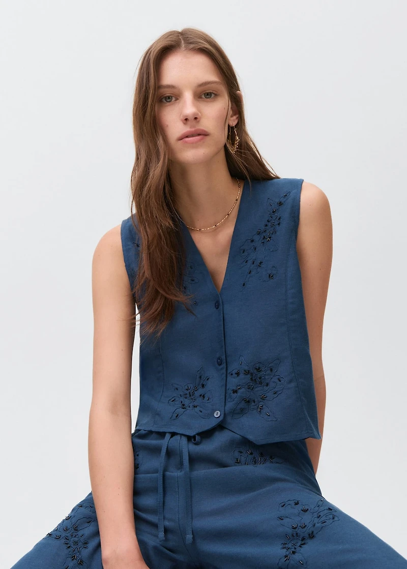 Embroidered linen vest