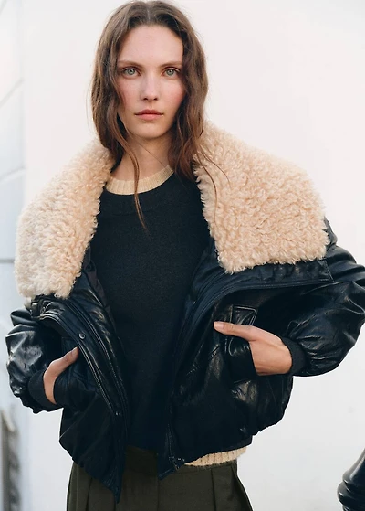 Leather-effect jacket with shearling collar